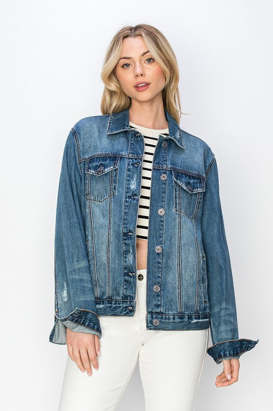 Full Size Distressed Button Up Jacket