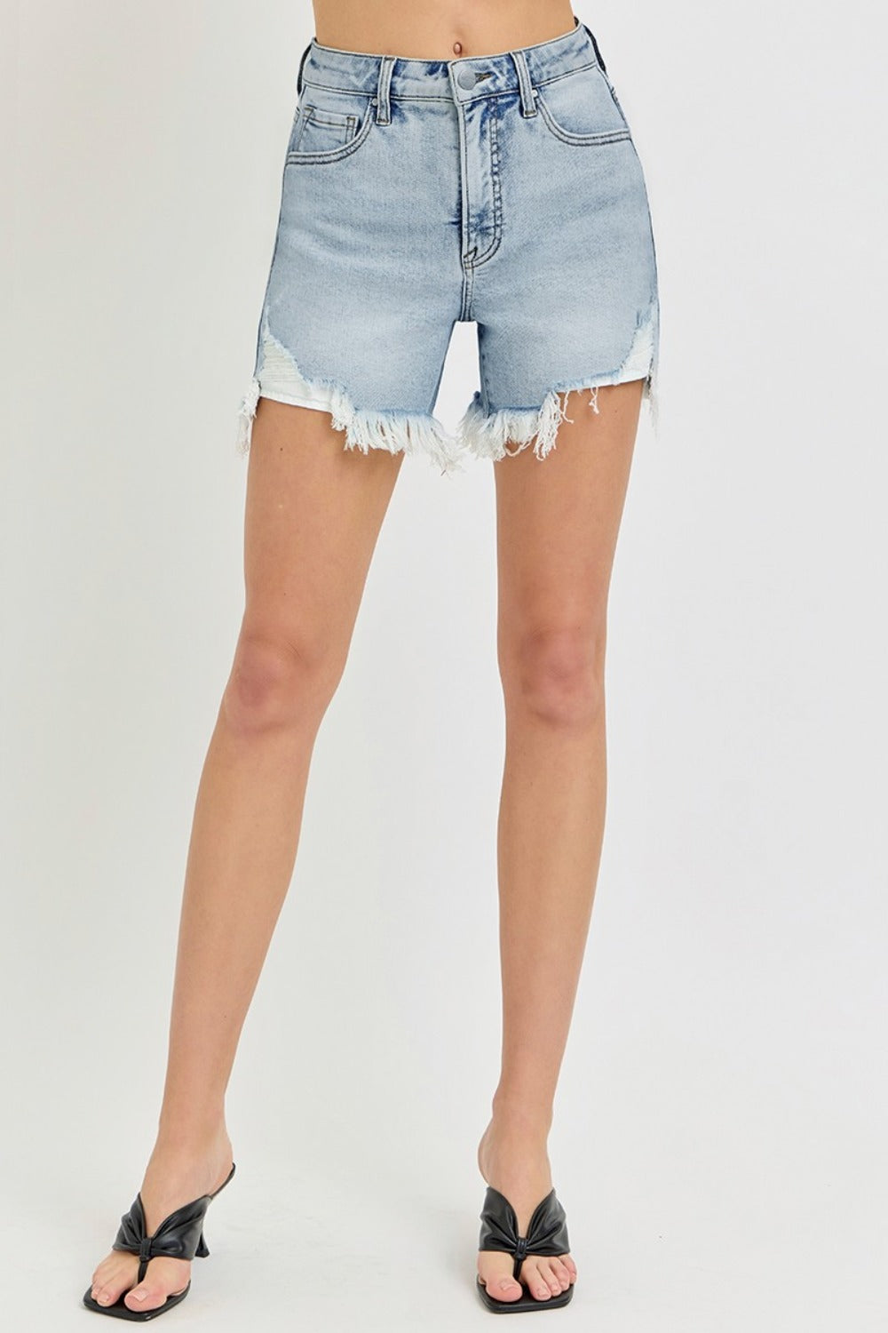 High Rise Side Step Hem Denim Shorts