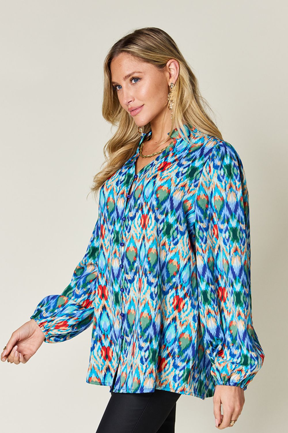 Full Size Printed Balloon Sleeve Blouse