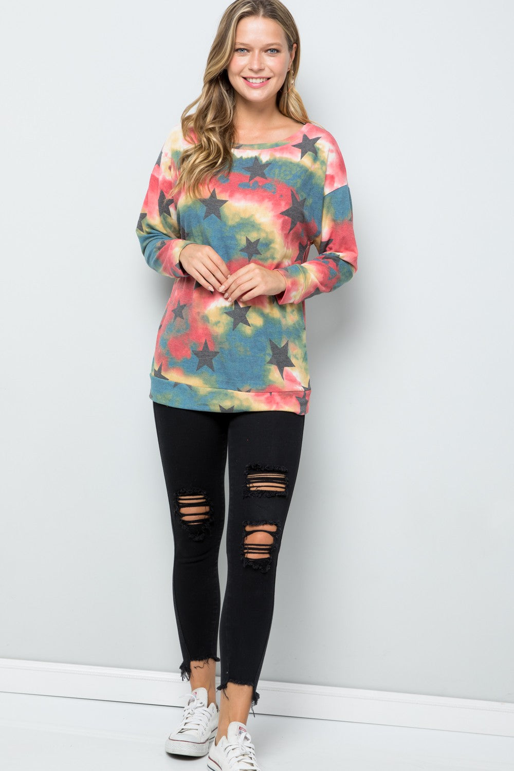 Tie-Dye Star Round Neck Long Sleeve T-Shirt