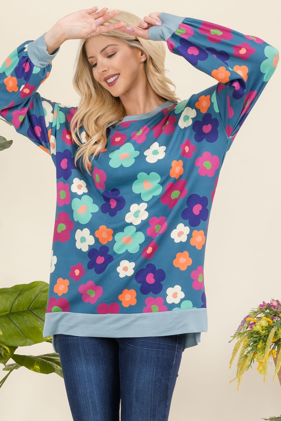 Full Size Side Slit Flower Print Long Sleeve Top