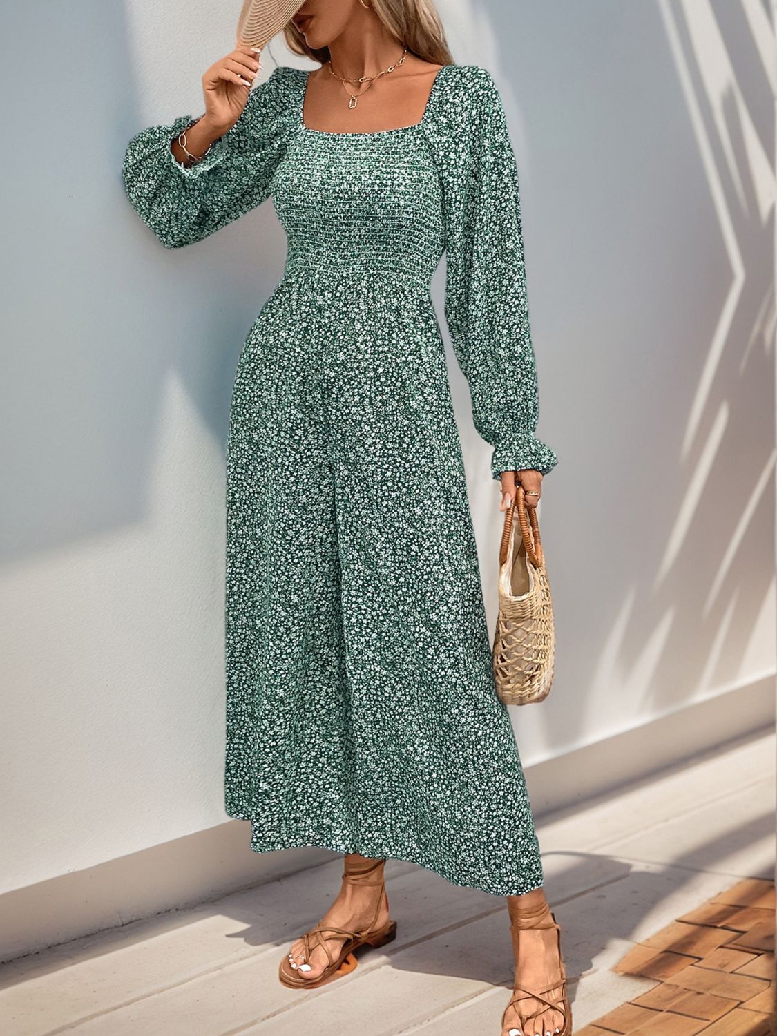 Smocked Printed Long Sleeve Wide Leg Jumpsuit