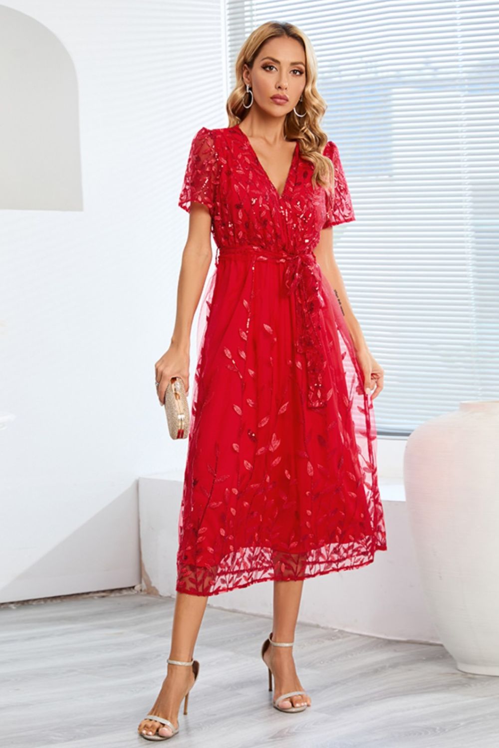 Leaf Embroidery Tie Front Short Sleeve Dress