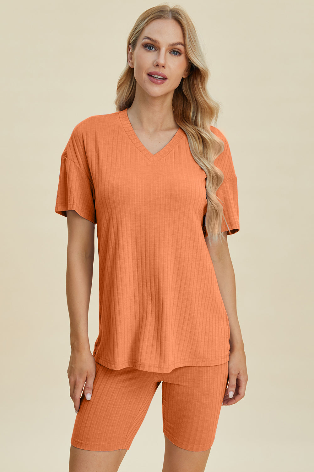 Full Size Ribbed V-Neck Short Sleeve Top and Shorts Set