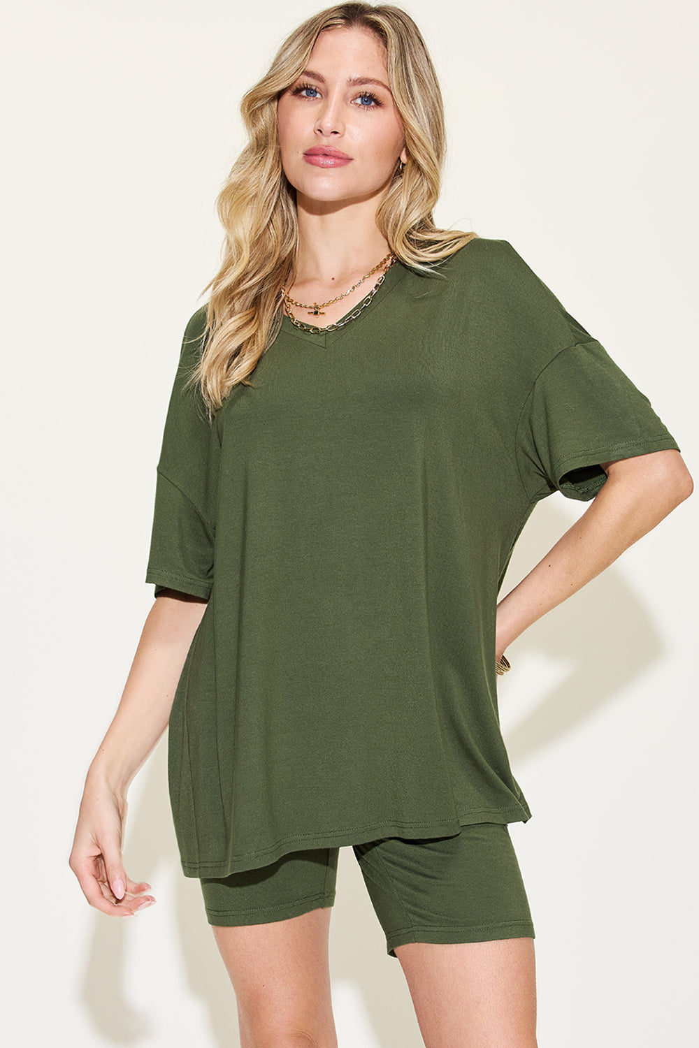 Full Size V-Neck Drop Shoulder T-Shirt and Shorts Set