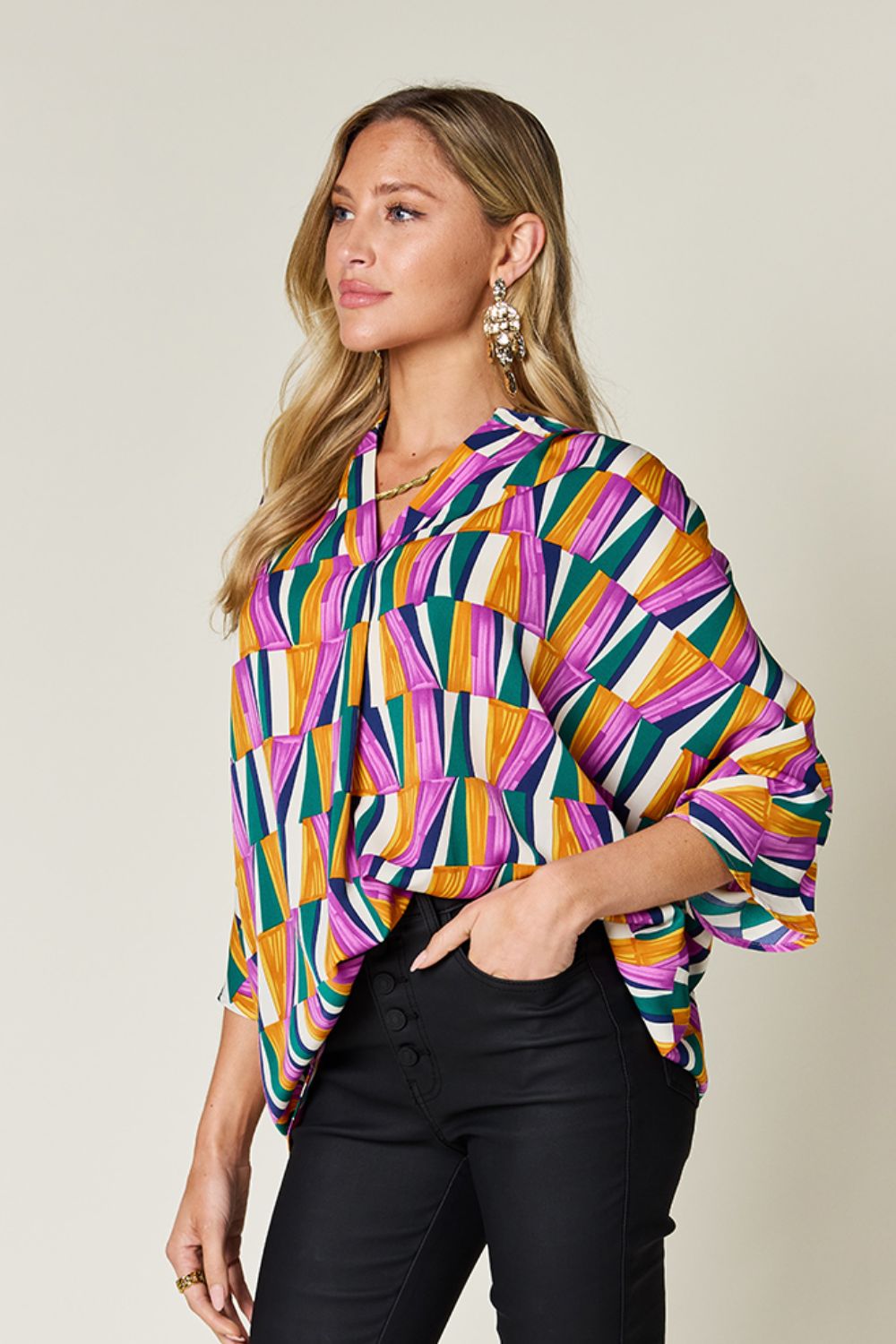 Full Size Geometric Notched Dolman Sleeve Top