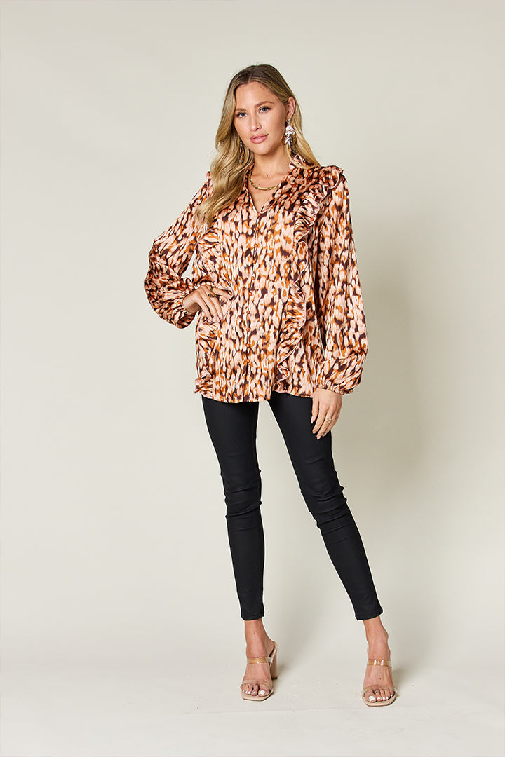 Full Size Printed Ruffle Trim Balloon Sleeve Shirt