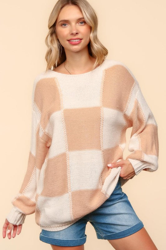 Full Size Checkered Round Neck Drop Shoulder Sweater