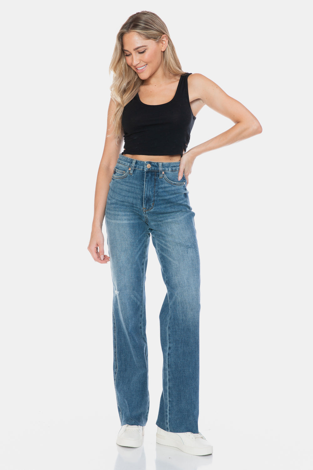 Full Size Tummy Control Cut Raw Hem Straight Jeans