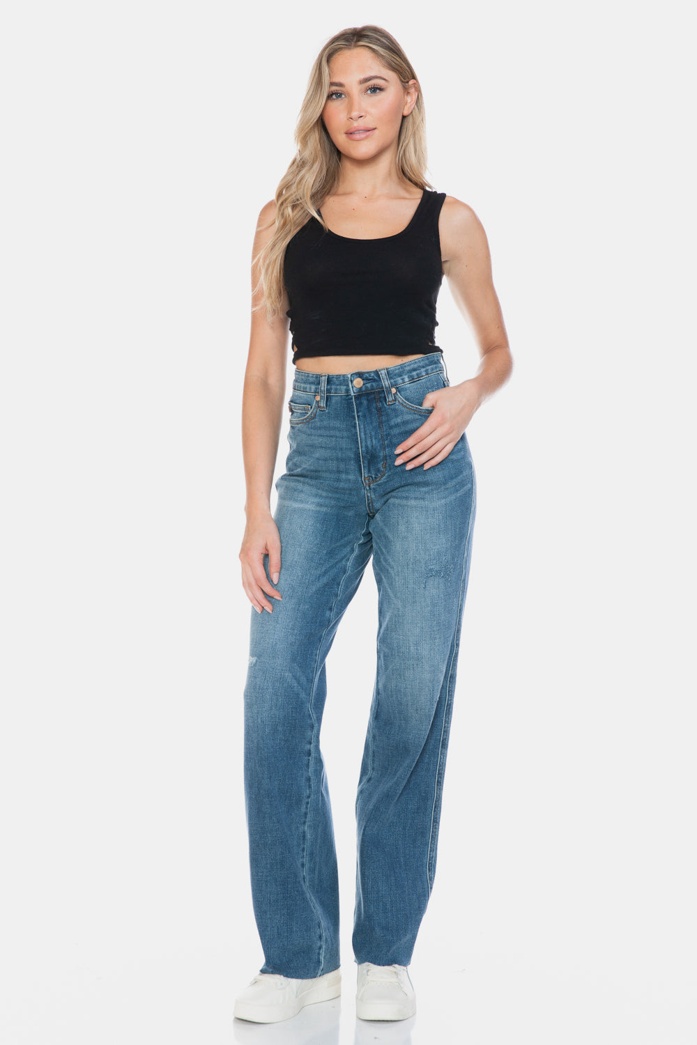 Full Size Tummy Control Cut Raw Hem Straight Jeans