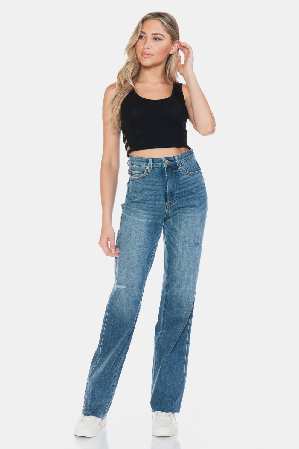 Full Size Tummy Control Cut Raw Hem Straight Jeans