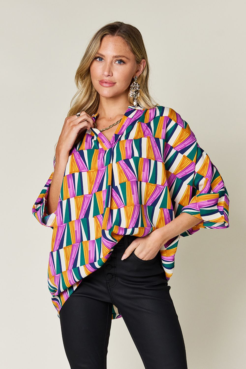 Full Size Geometric Notched Dolman Sleeve Top