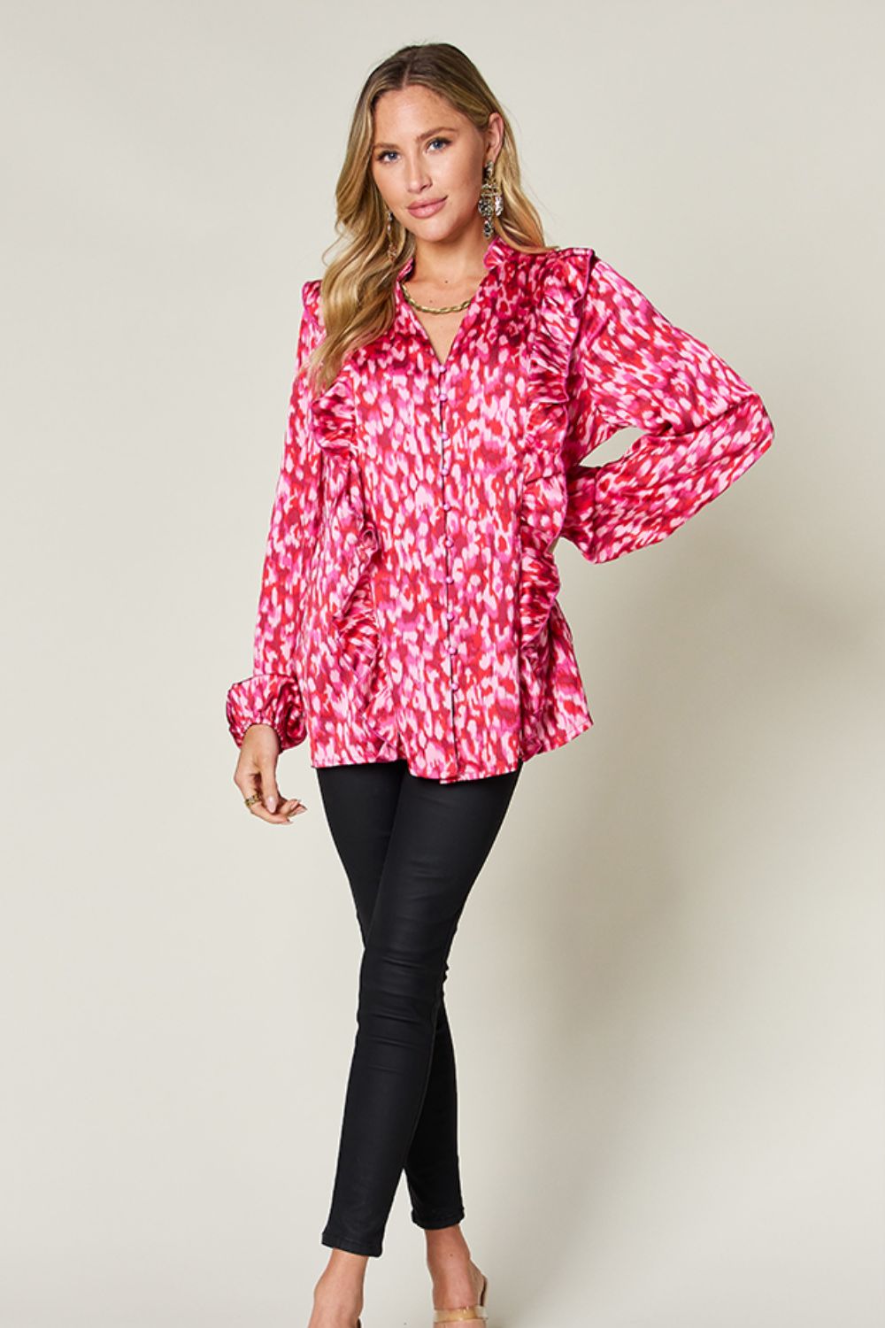 Full Size Printed Ruffle Trim Balloon Sleeve Shirt