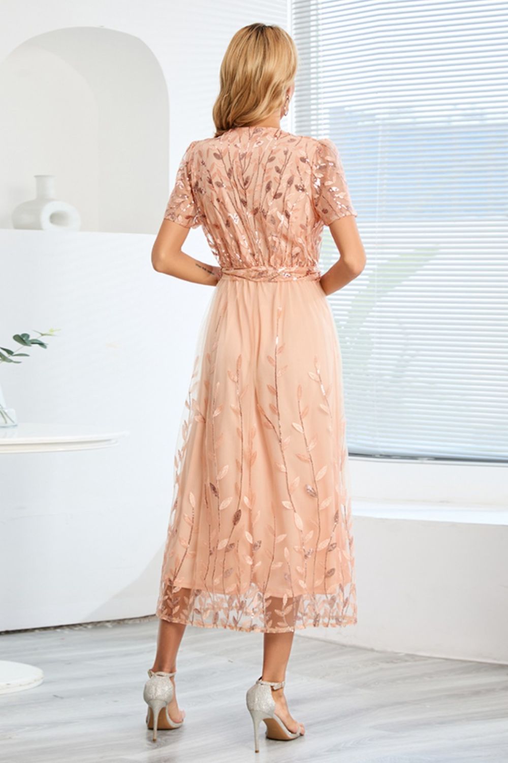 Leaf Embroidery Tie Front Short Sleeve Dress