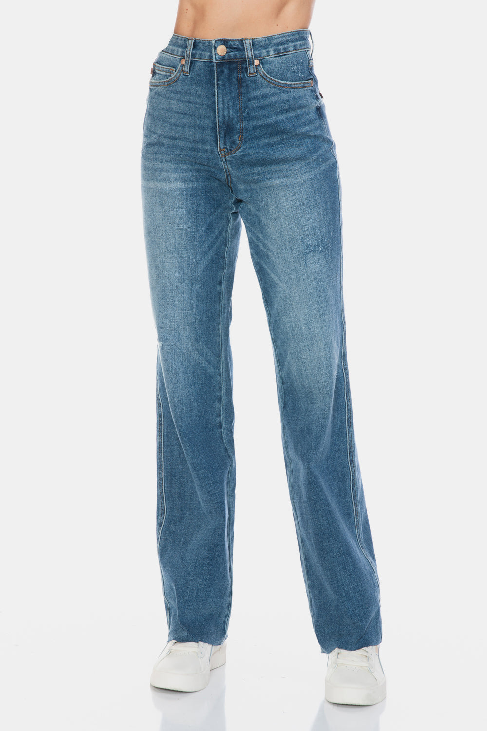 Full Size Tummy Control Cut Raw Hem Straight Jeans