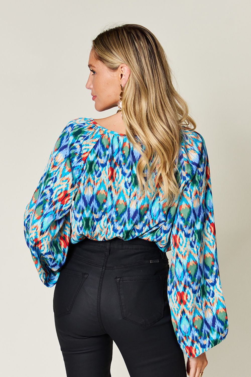 Full Size Printed Balloon Sleeve Blouse