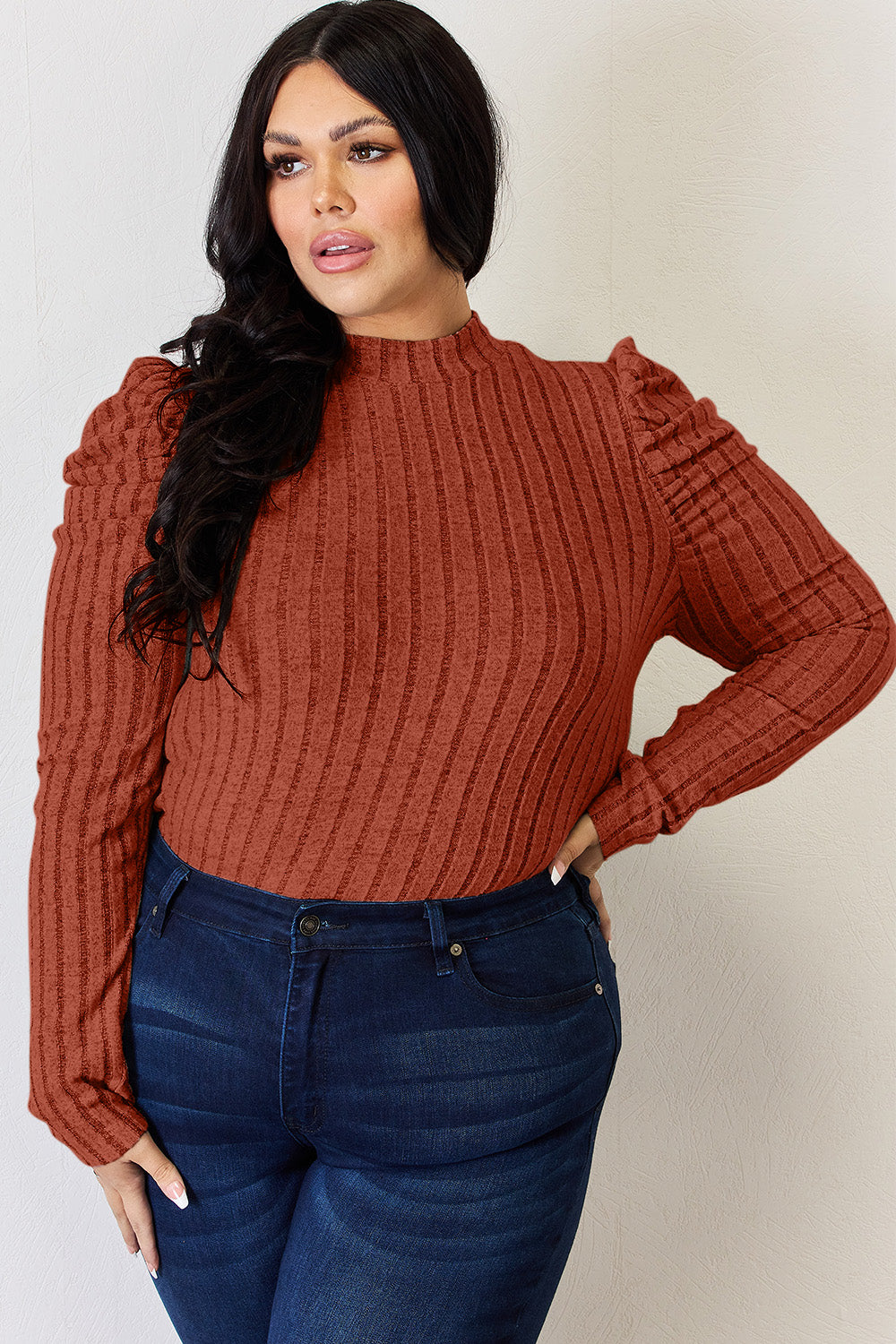 Full Size Ribbed Mock Neck Puff Sleeve T-Shirt