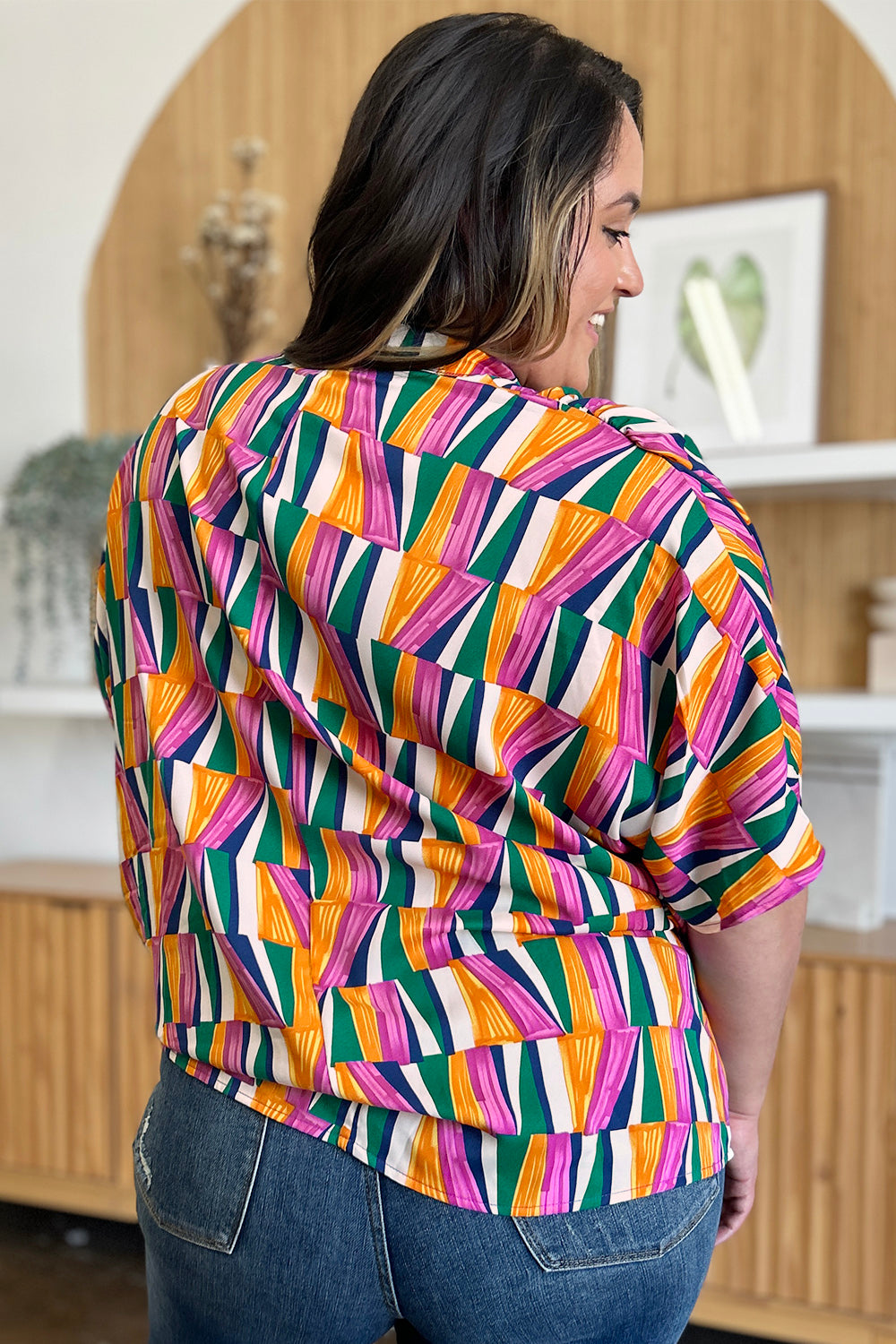 Full Size Geometric Notched Dolman Sleeve Top