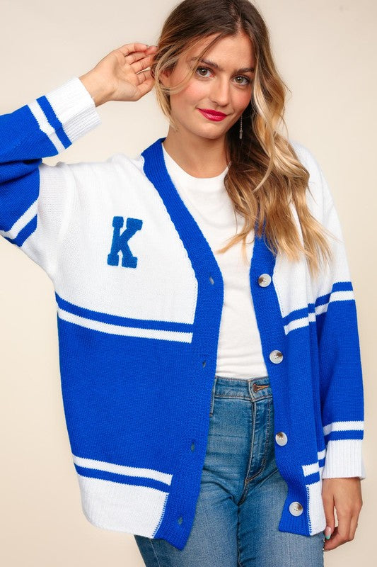 Full Size Letter Patch Contrast V-Neck Cardigan