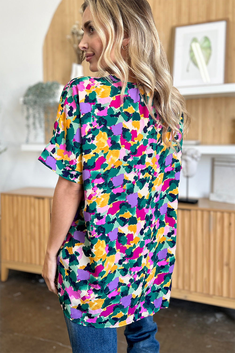 Full Size Printed V-Neck Short Sleeve Side Slit Top