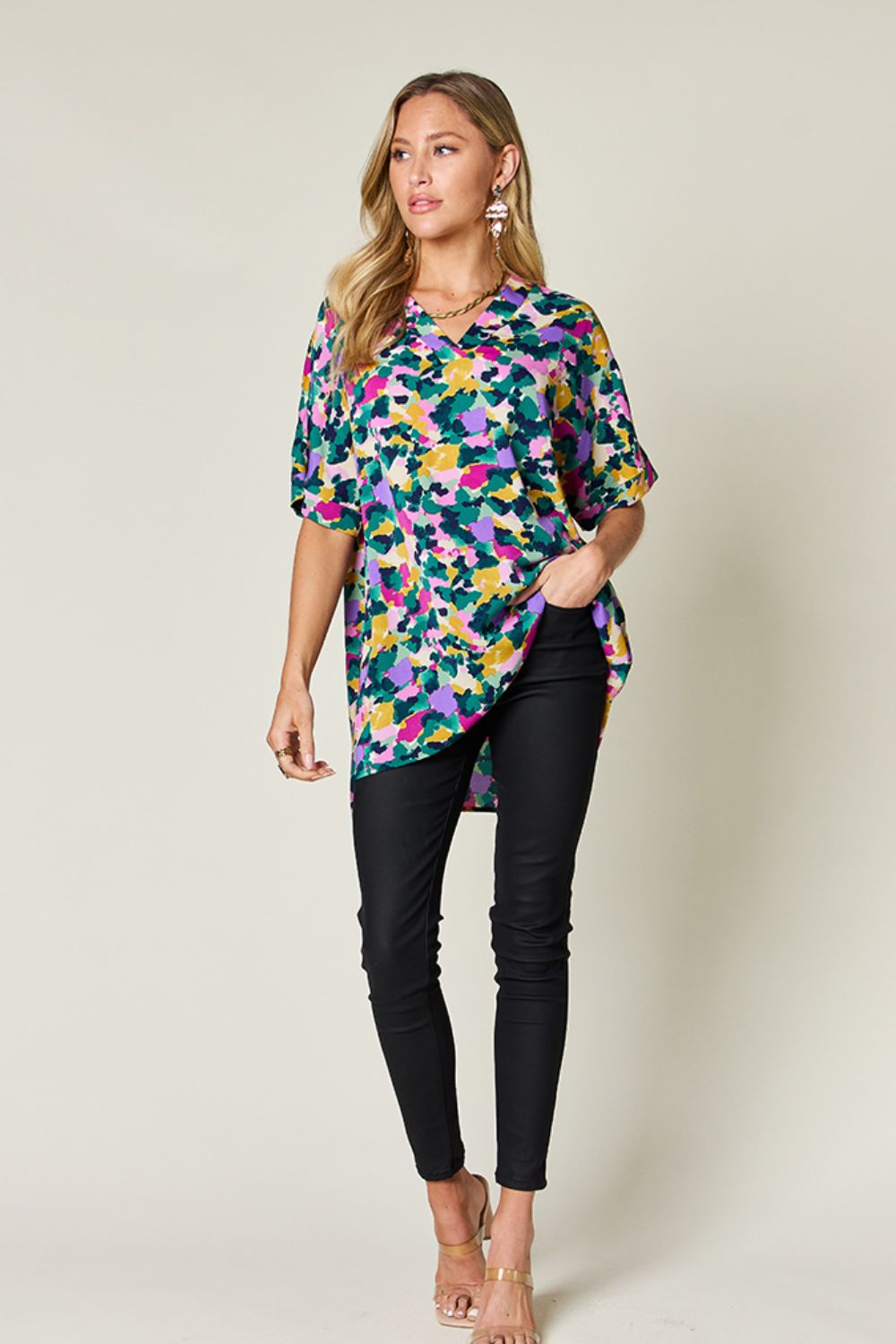 Full Size Printed V-Neck Short Sleeve Side Slit Top