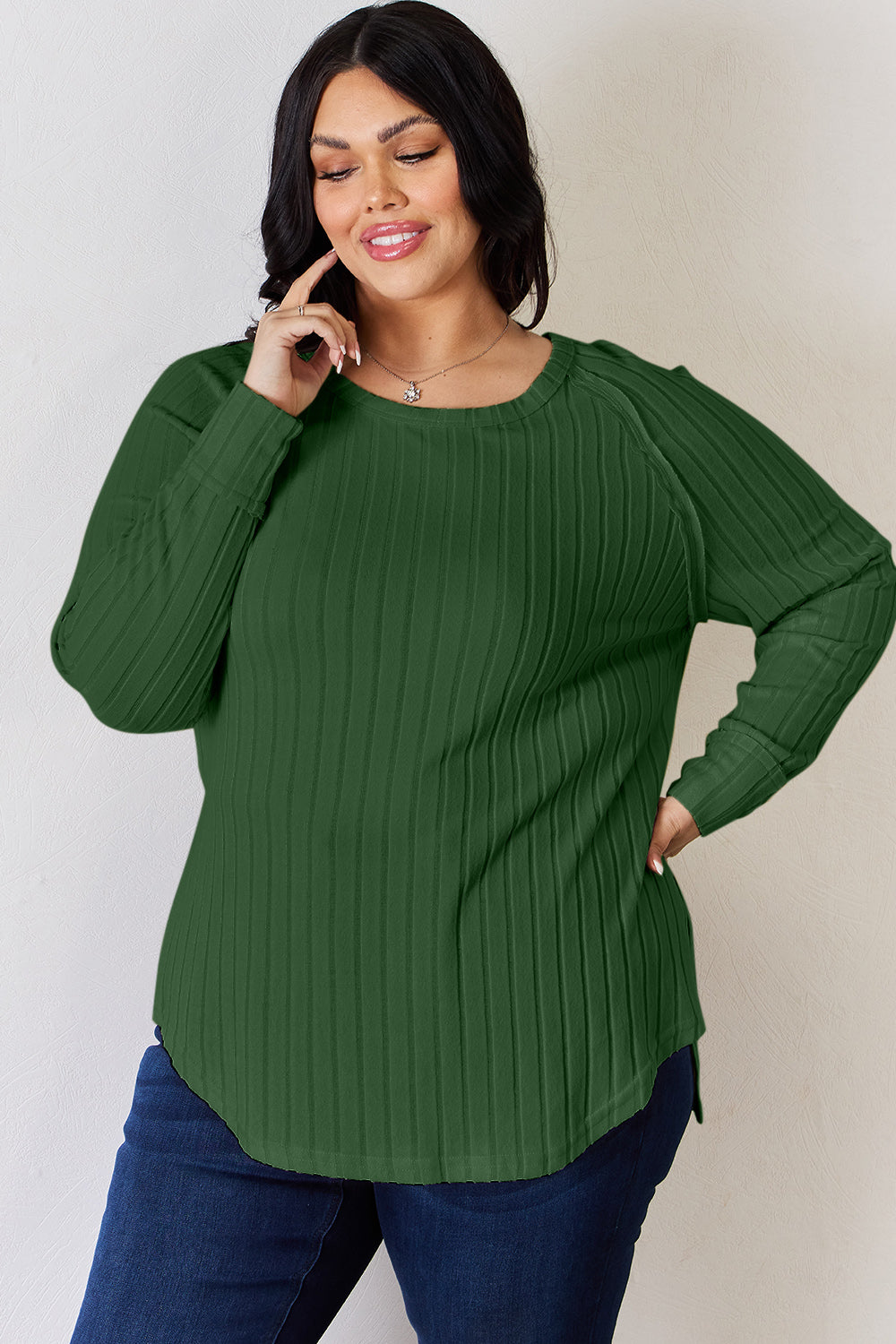 Full Size Ribbed Round Neck Slit T-Shirt