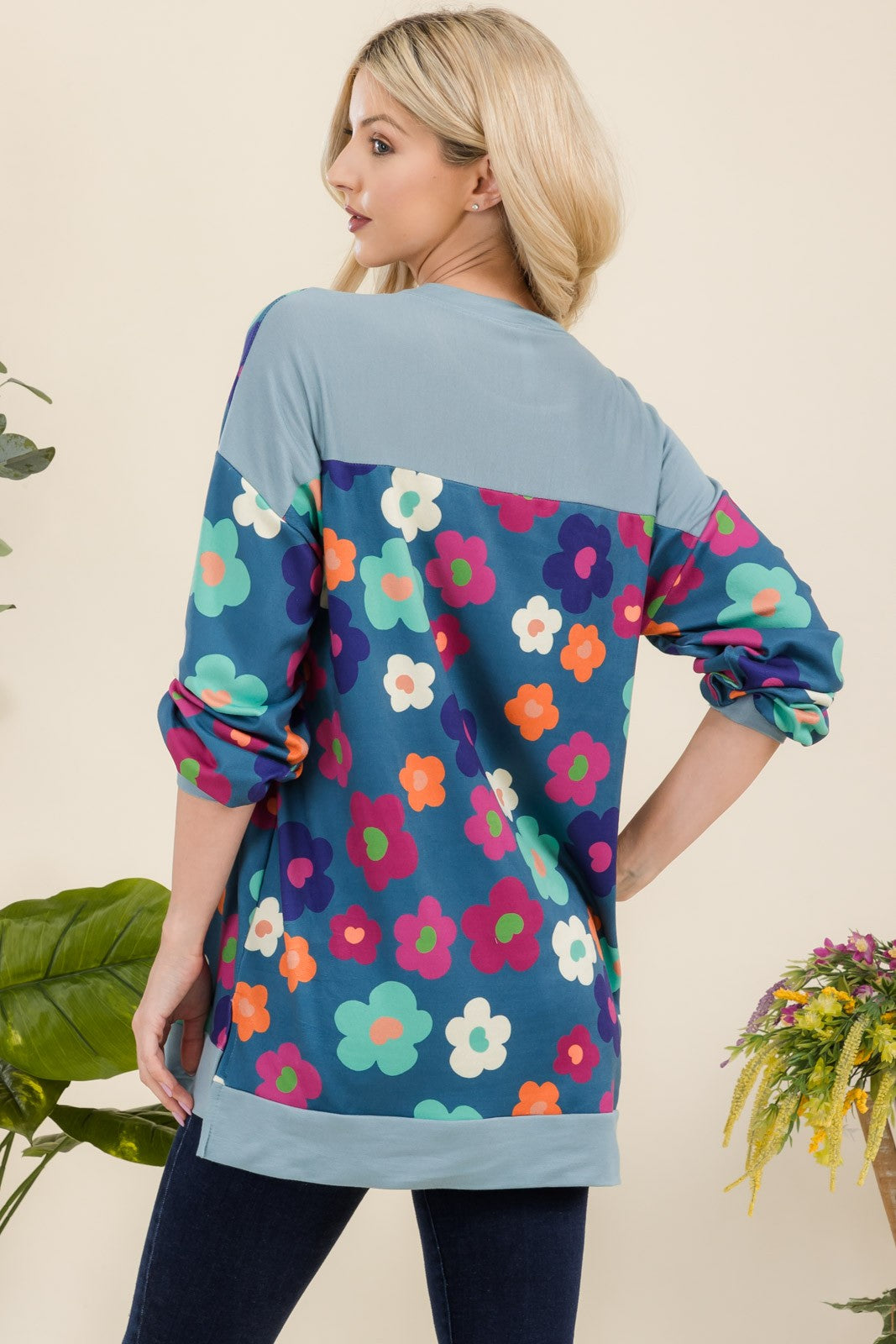 Full Size Side Slit Flower Print Long Sleeve Top