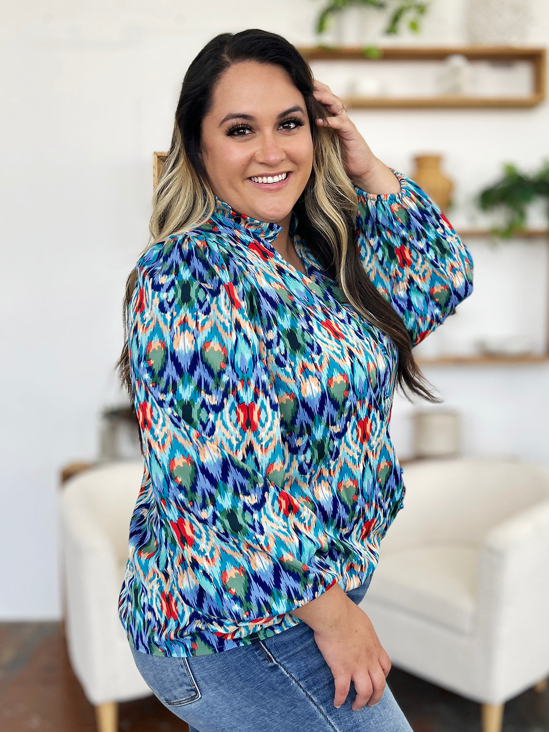 Full Size Printed Balloon Sleeve Blouse