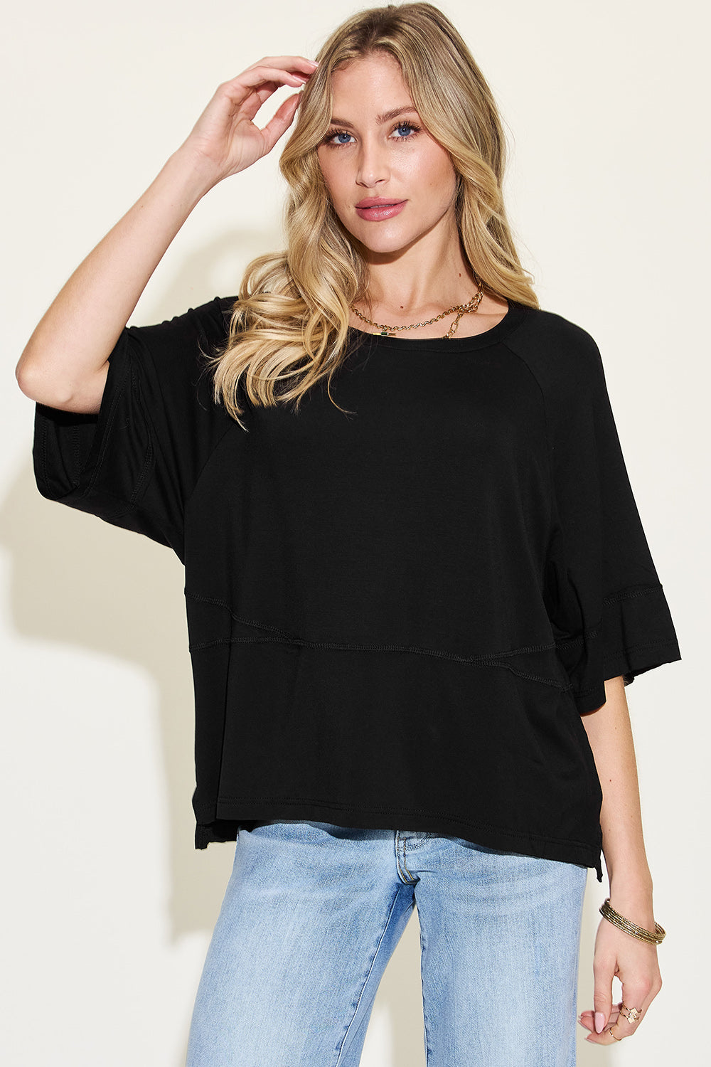 Full Size Bamboo Round Neck Exposed Seam T-Shirt