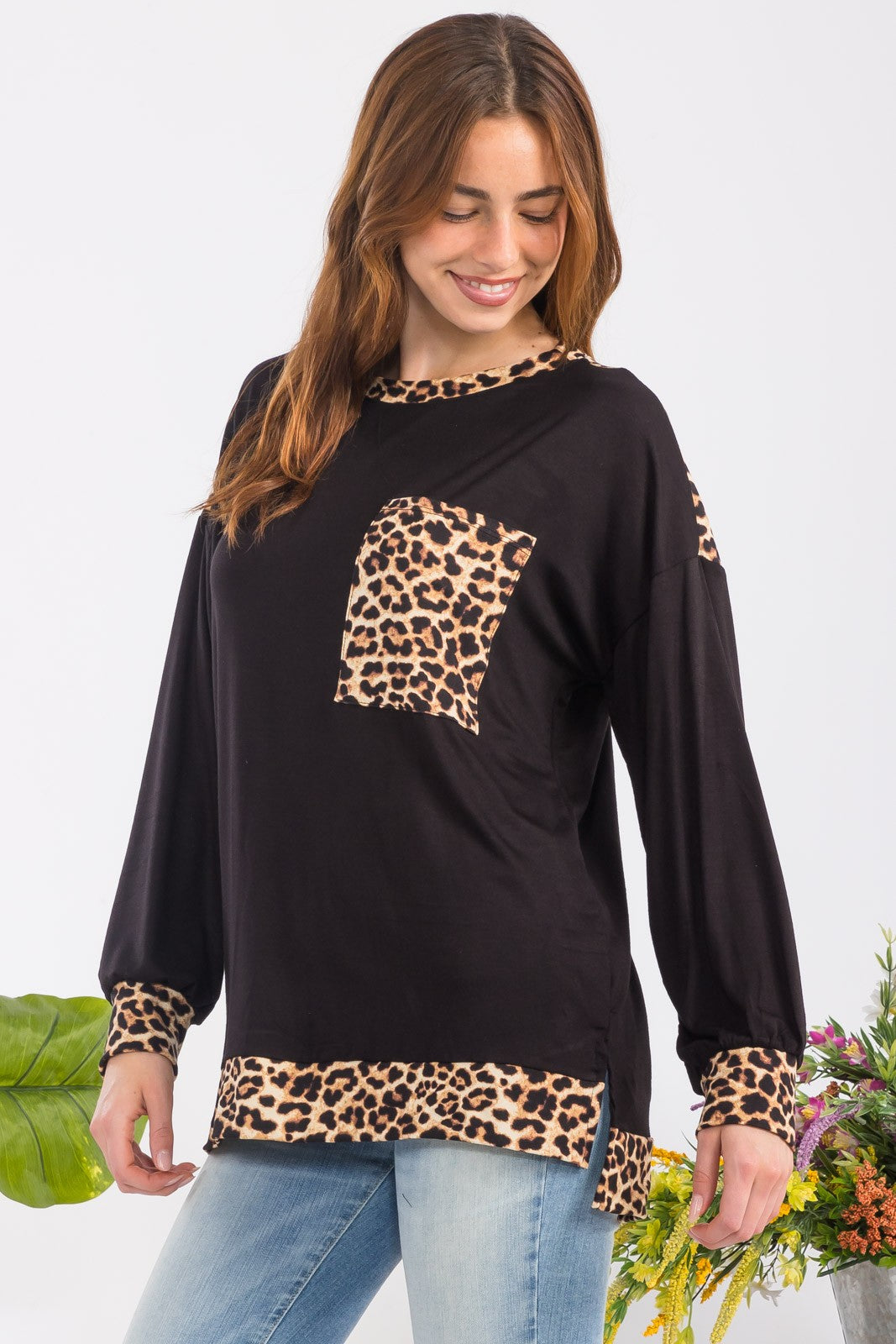 Full Size Leopard Round Neck Dropped Shoulder T-Shirt