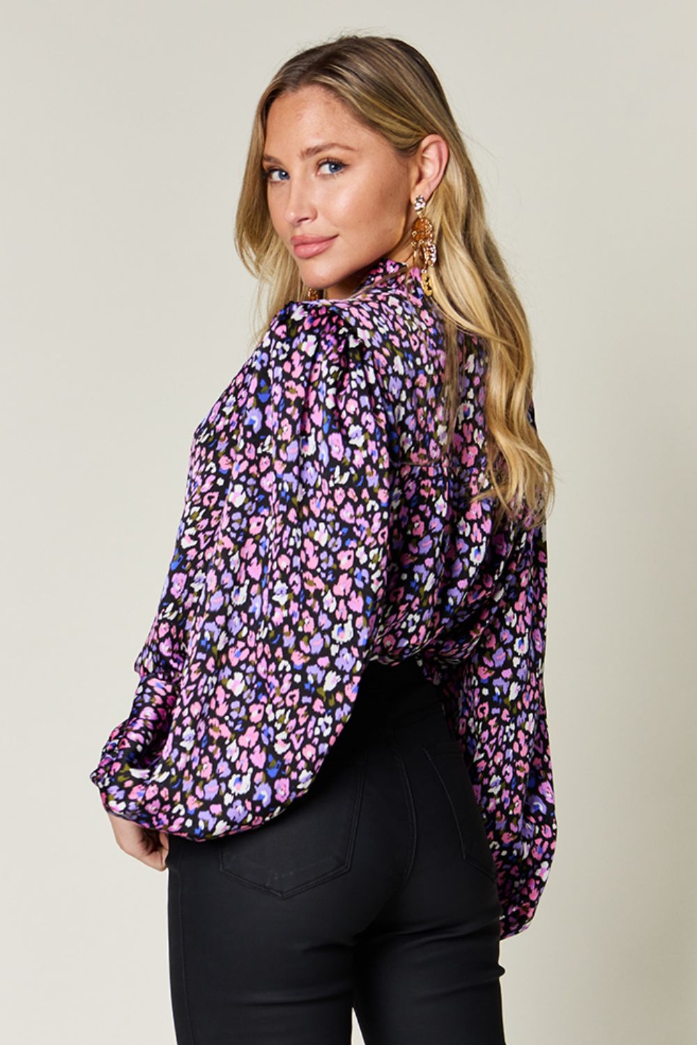 Full Size Printed Balloon Sleeve Shirt