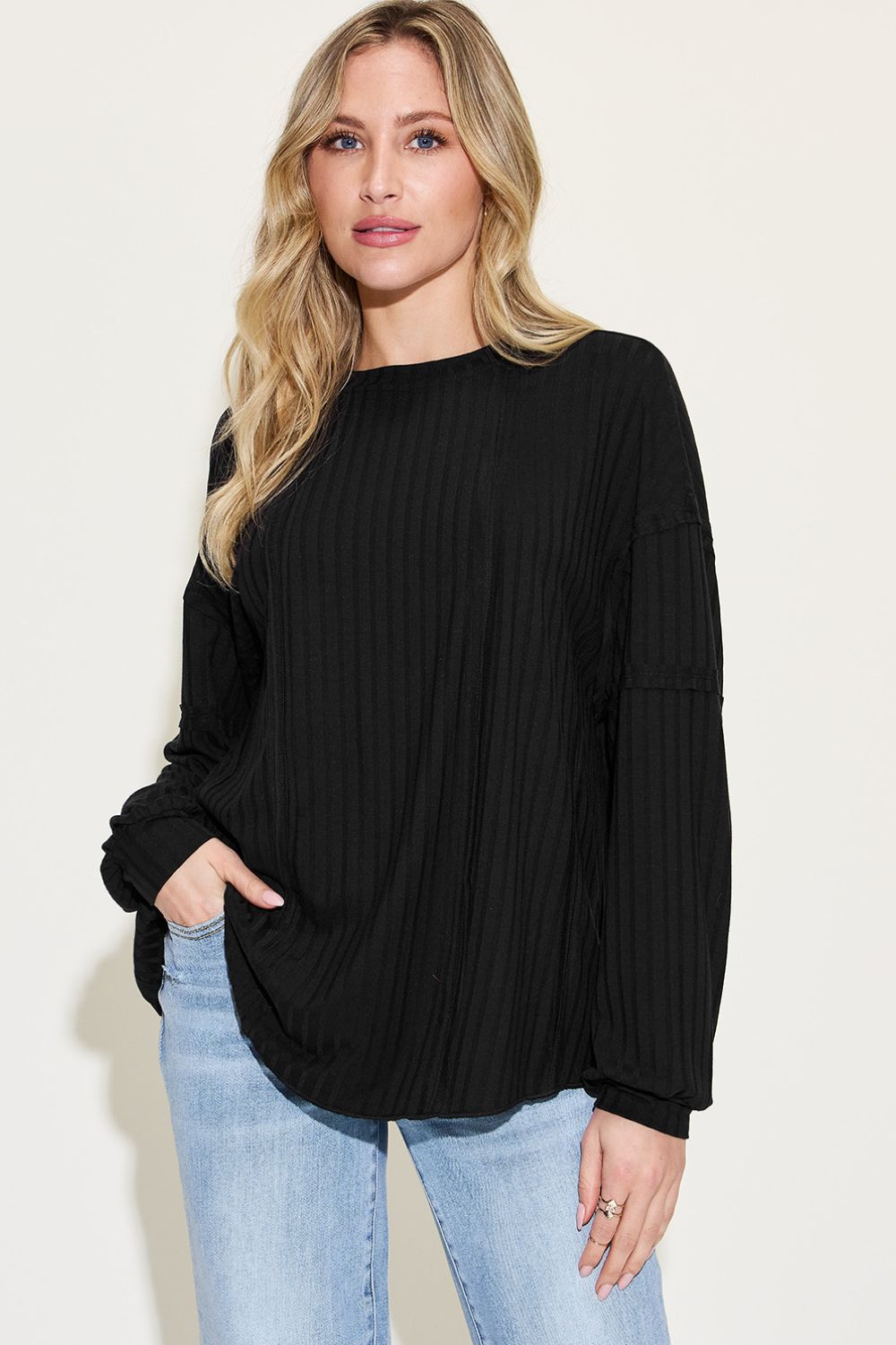 Full Size Ribbed Round Neck Long Sleeve T-Shirt