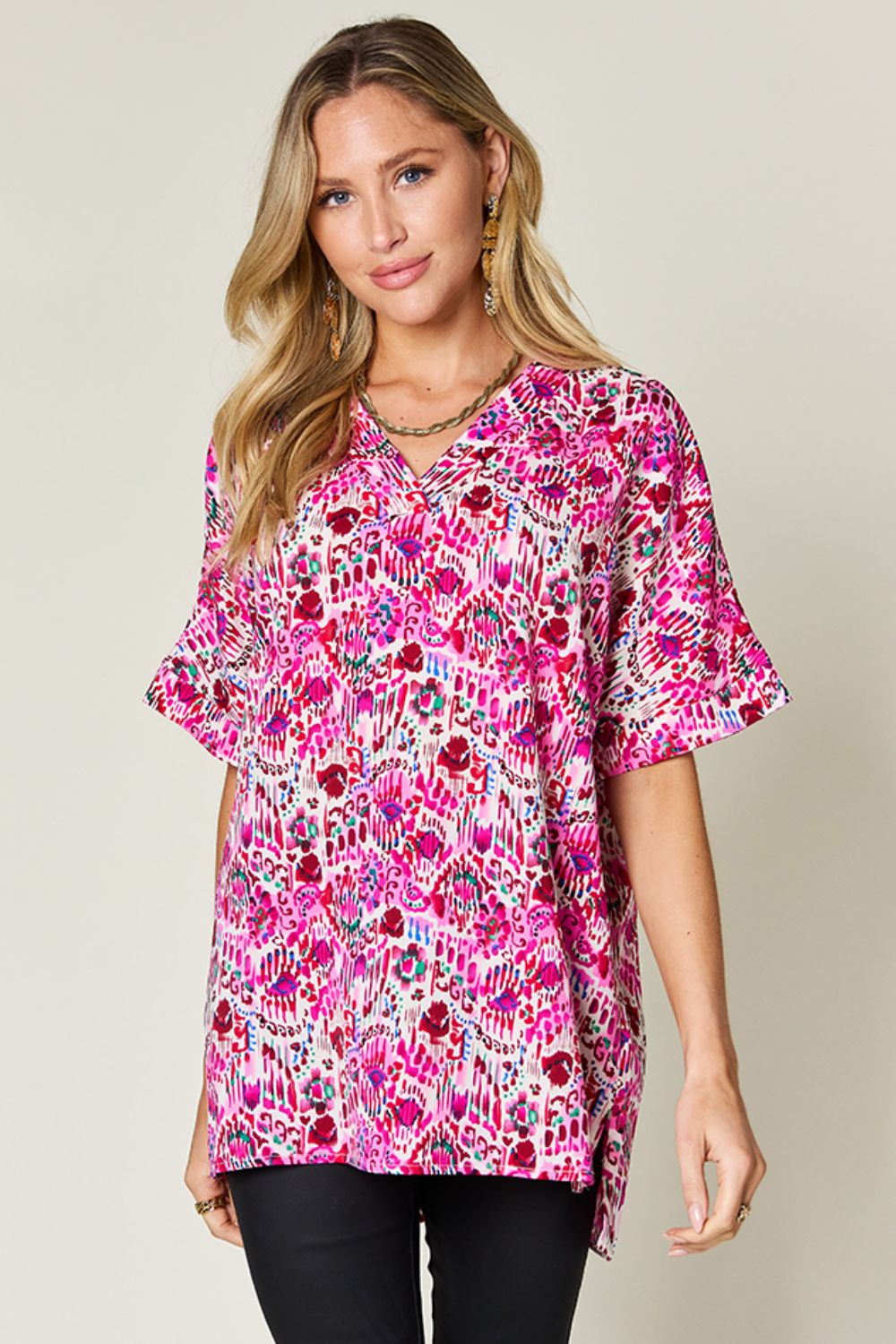 Full Size Printed V-Neck Short Sleeve Blouse