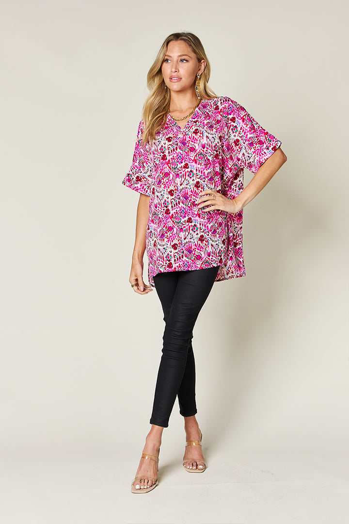 Full Size Printed V-Neck Short Sleeve Blouse