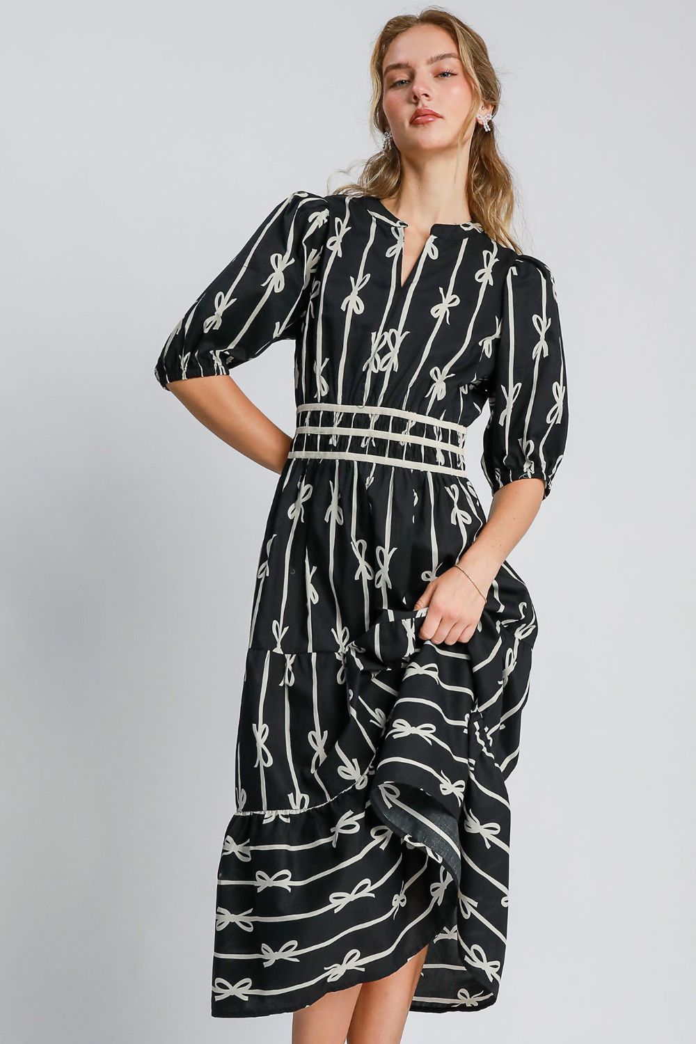 Print Notched Contrast Velvet Trim Midi Dress