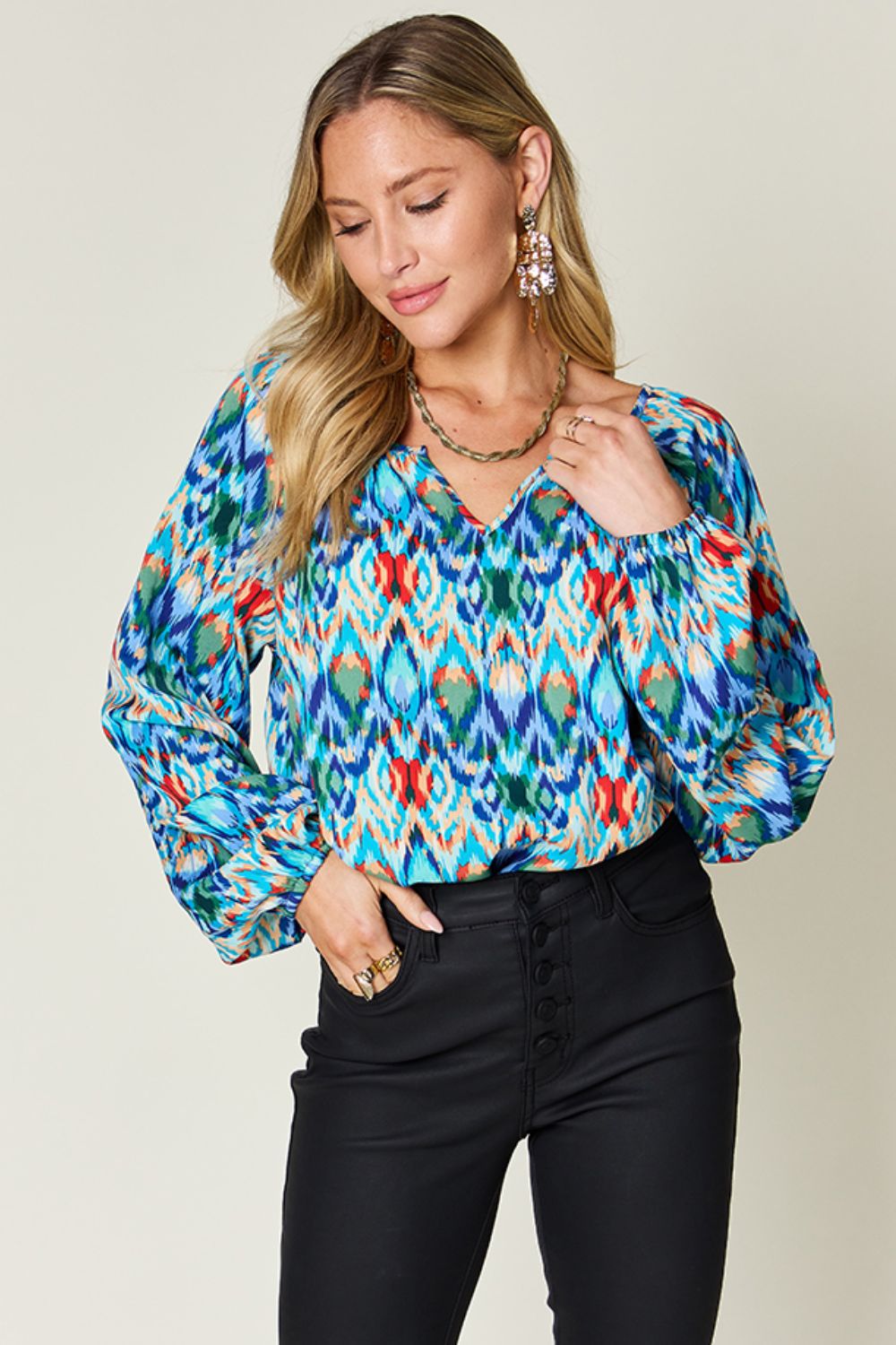 Full Size Printed Balloon Sleeve Blouse